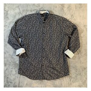 Nine West Men's Floral Slim Fit Button Down Shirt Black XL